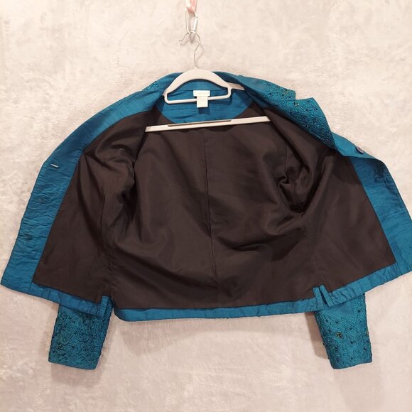VTG Spiegel Womens S Turquoise Silk Jacket Beads Metallic Stitching Formal Party - Picture 4 of 16